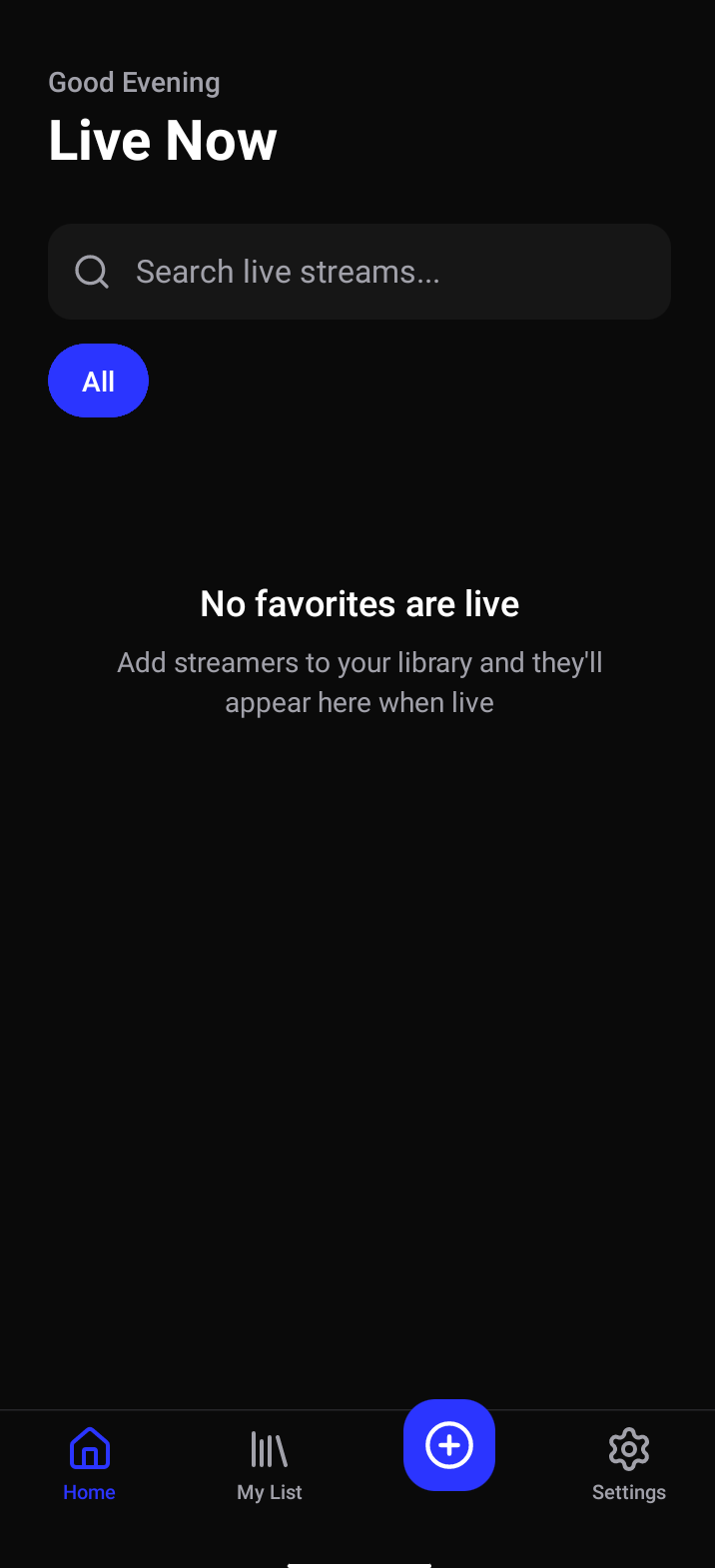 TukiWatch Live Now screen showing active streams