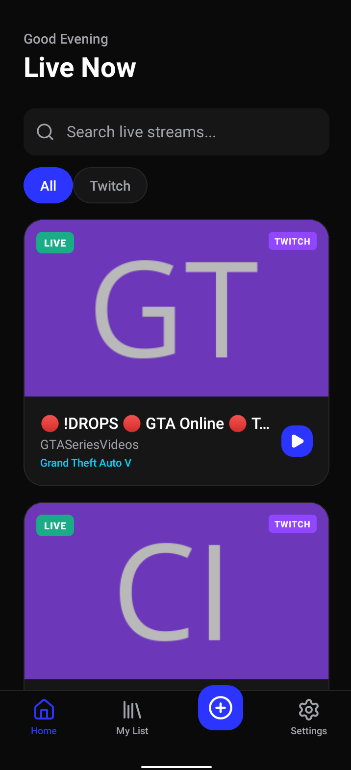 TukiWatch My List showing favorited streamers